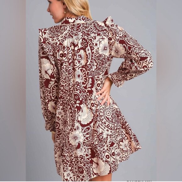 Umgee NWT SZ XL Sangria Silky Floral Print Dress Boho Cottage Core Western - Picture 5 of 11